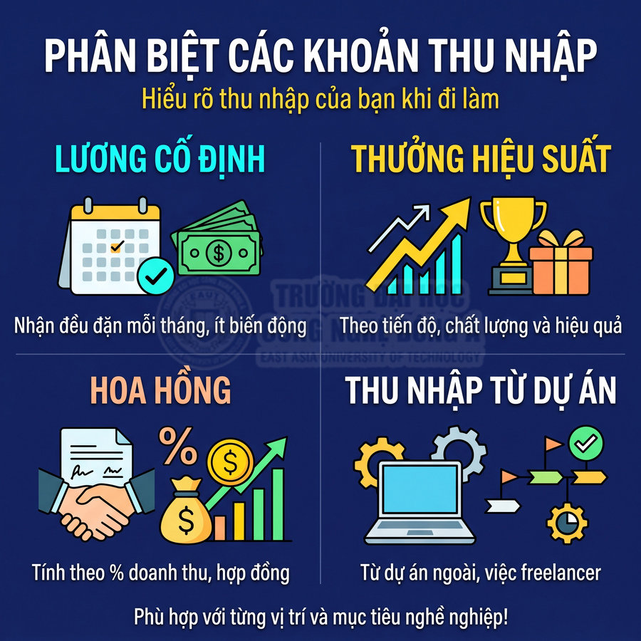 Infographic phân biệt lương cố định, thưởng hiệu suất, hoa hồng và thu nhập từ dự án khi đi làm