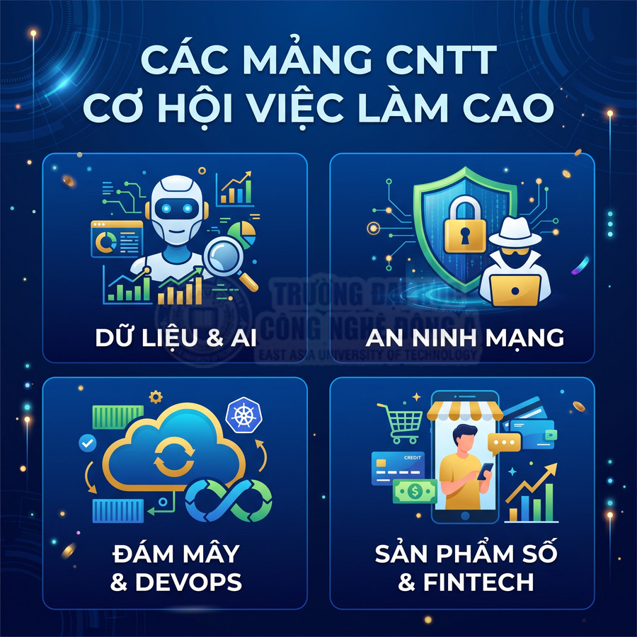 Các mảng CNTT có cơ hội việc làm cao gồm dữ liệu AI, an ninh mạng, đám mây DevOps, sản phẩm số Fintech