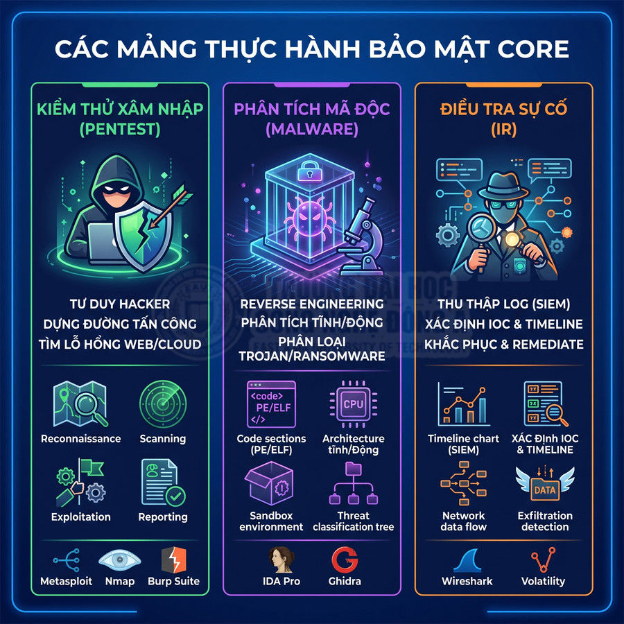 Infographic các mảng thực hành bảo mật core gồm pentest, phân tích mã độc và điều tra sự cố IR