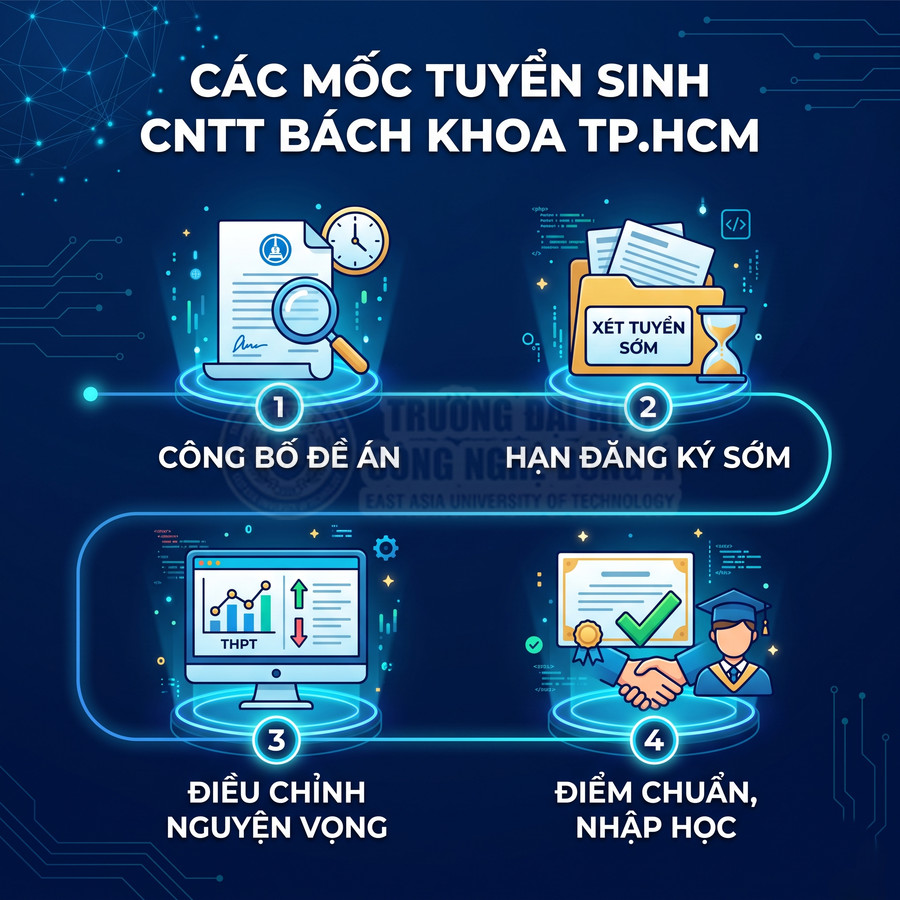 Các mốc tuyển sinh ngành CNTT Bách khoa TP.HCM gồm công bố đề án, đăng ký sớm, điều chỉnh nguyện vọng, điểm chuẩn