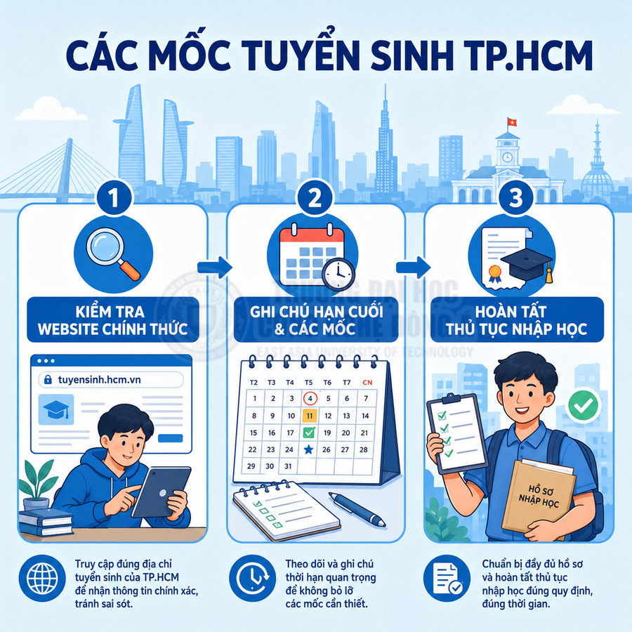 Infographic các bước tuyển sinh TP.HCM gồm kiểm tra website, ghi chú hạn cuối và hoàn tất thủ tục nhập học