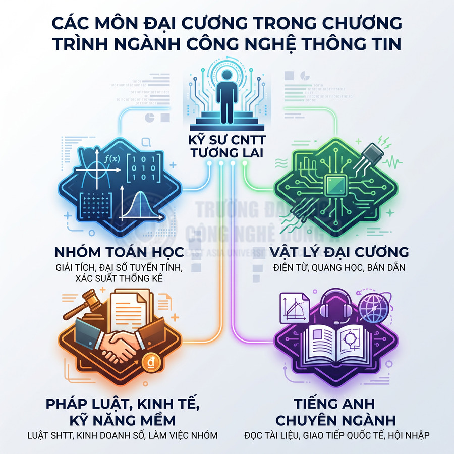 Các môn đại cương ngành công nghệ thông tin gồm toán học, vật lý, pháp luật kinh tế kỹ năng mềm và tiếng Anh chuyên ngành