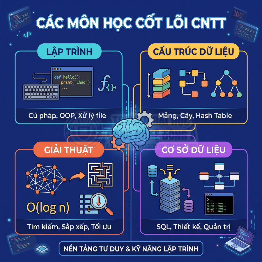 Các môn học cốt lõi ngành CNTT gồm lập trình, cấu trúc dữ liệu, giải thuật và cơ sở dữ liệu