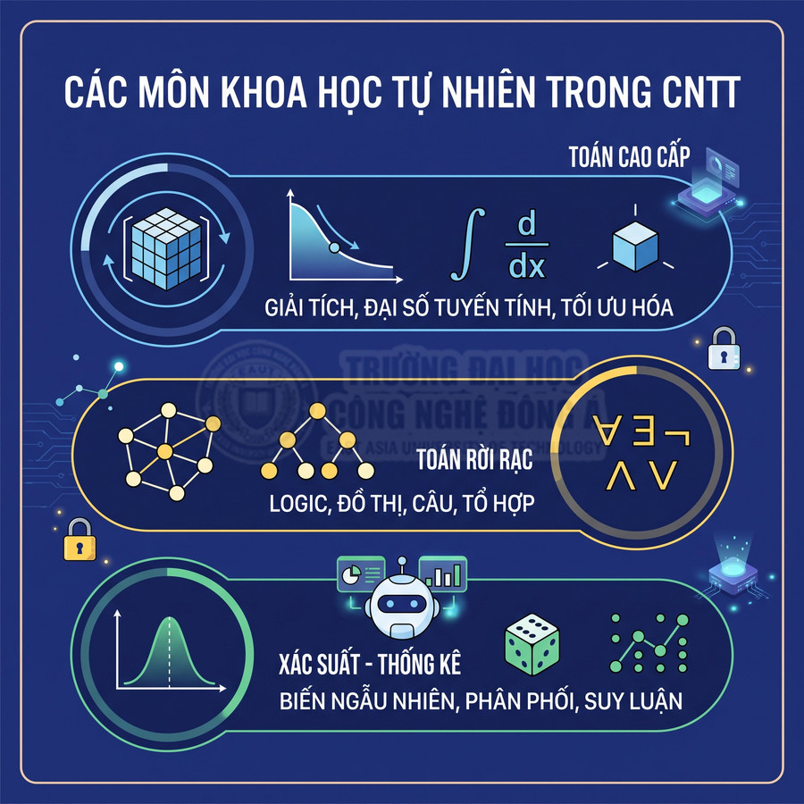 Infographic các môn khoa học tự nhiên trong CNTT gồm toán cao cấp, toán rời rạc, xác suất thống kê