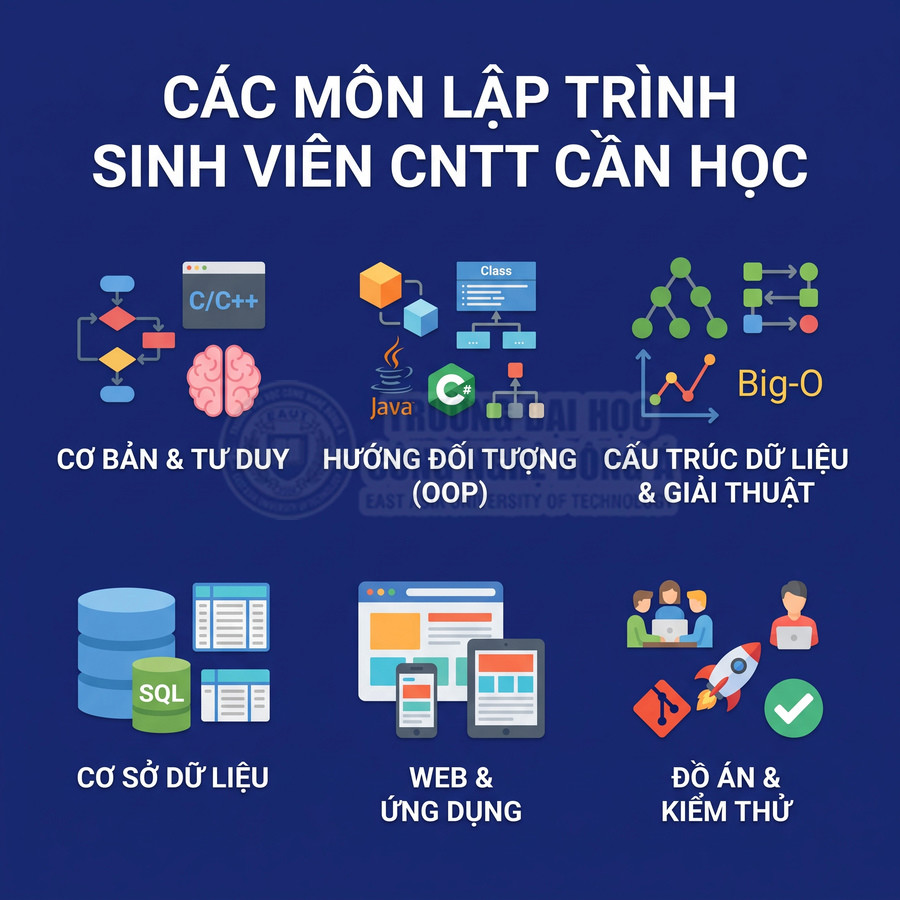 Các môn lập trình quan trọng cho sinh viên CNTT gồm cơ bản, OOP, cấu trúc dữ liệu, cơ sở dữ liệu, web và kiểm thử