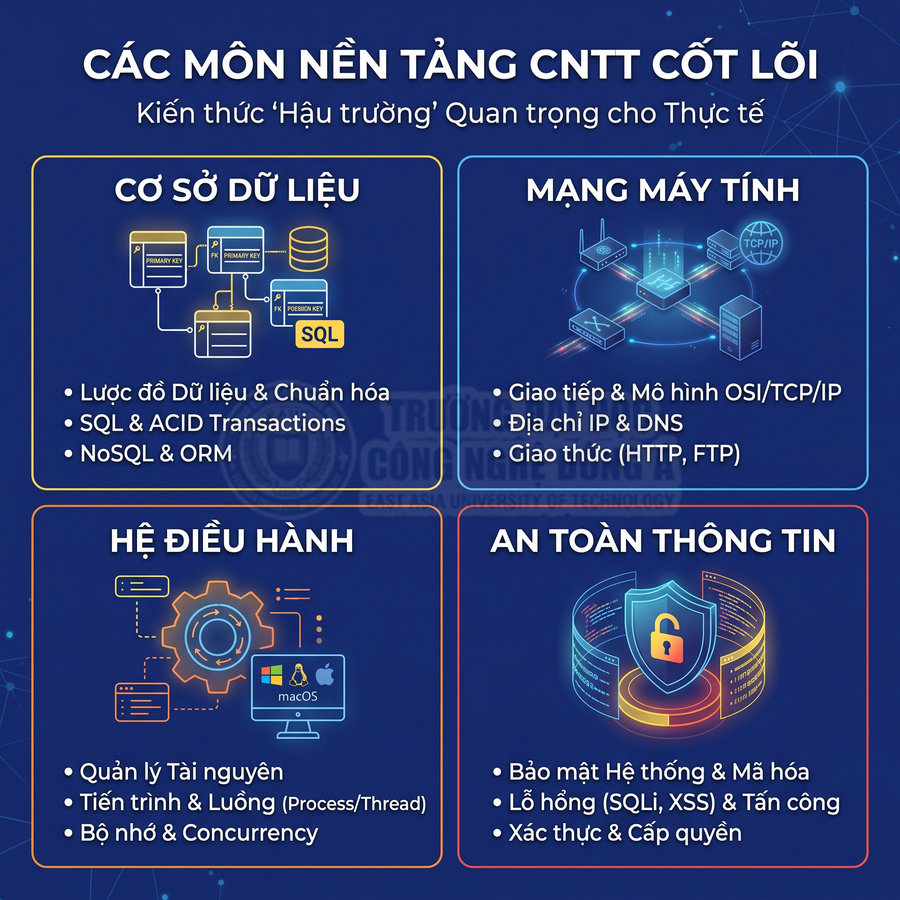 Infographic các môn nền tảng CNTT cốt lõi: cơ sở dữ liệu, mạng máy tính, hệ điều hành, an toàn thông tin