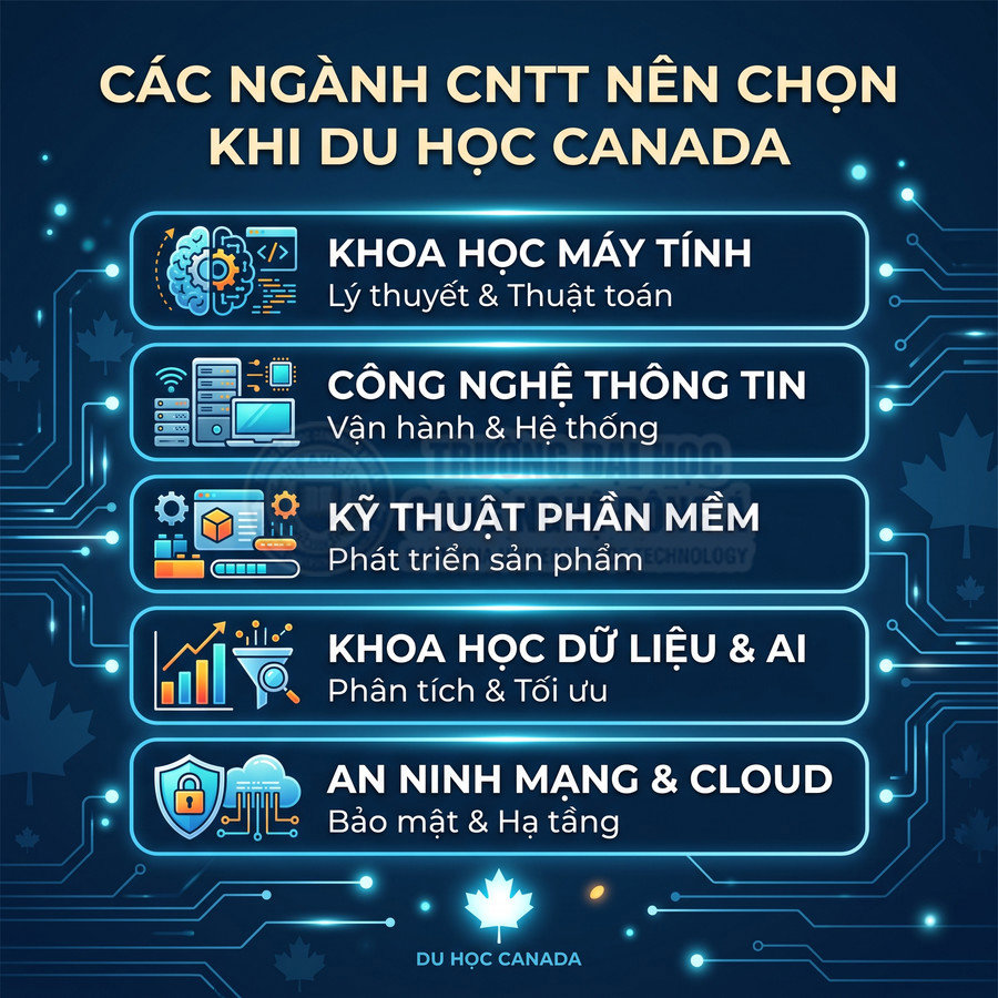 Các ngành CNTT nên chọn khi du học Canada như khoa học máy tính, IT, phần mềm, dữ liệu AI, an ninh mạng Cloud