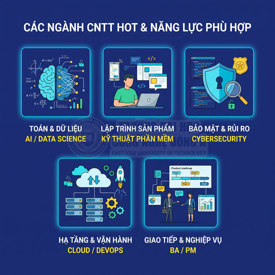 Các ngành CNTT hot gồm AI Data Science, lập trình phần mềm, an ninh mạng, Cloud DevOps, BA PM trên nền xanh