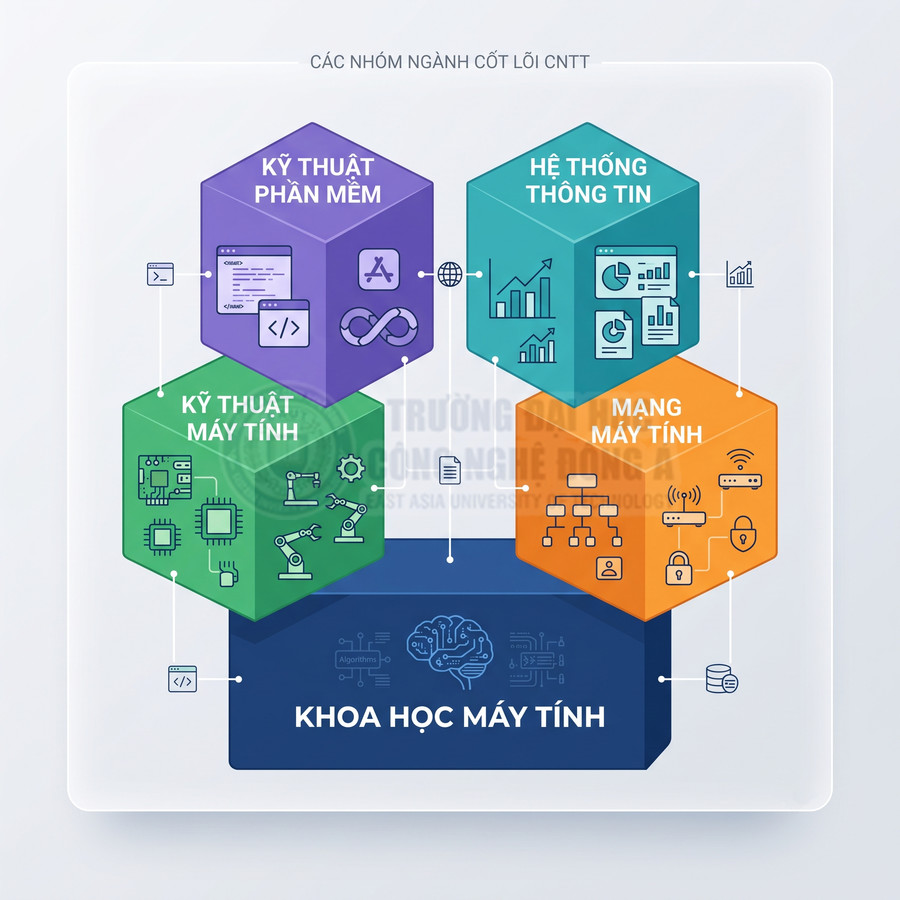 Sơ đồ các nhóm ngành cốt lõi công nghệ thông tin gồm khoa học máy tính, kỹ thuật phần mềm, hệ thống thông tin, mạng máy tính