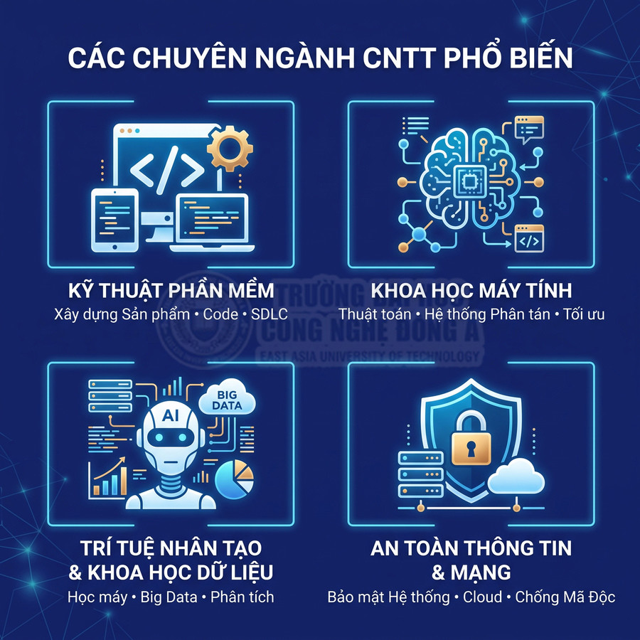 Các chuyên ngành công nghệ thông tin phổ biến gồm kỹ thuật phần mềm, khoa học máy tính, AI, khoa học dữ liệu, an toàn mạng