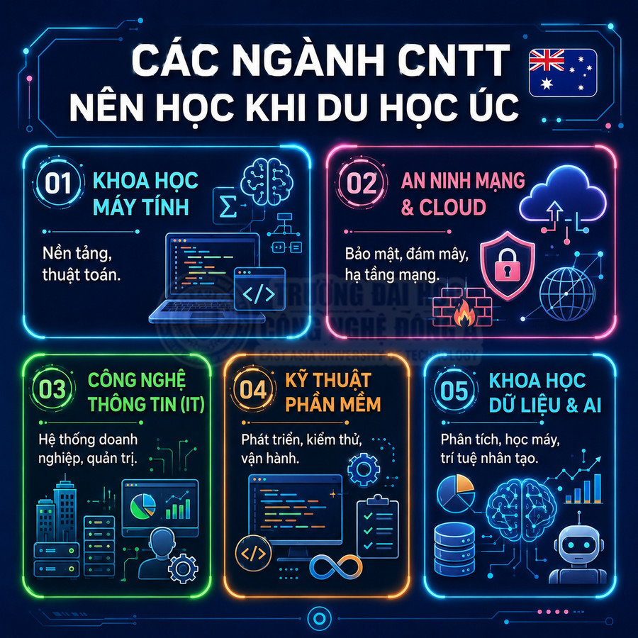 Infographic các ngành công nghệ thông tin nên học khi du học Úc như khoa học máy tính, an ninh mạng, AI