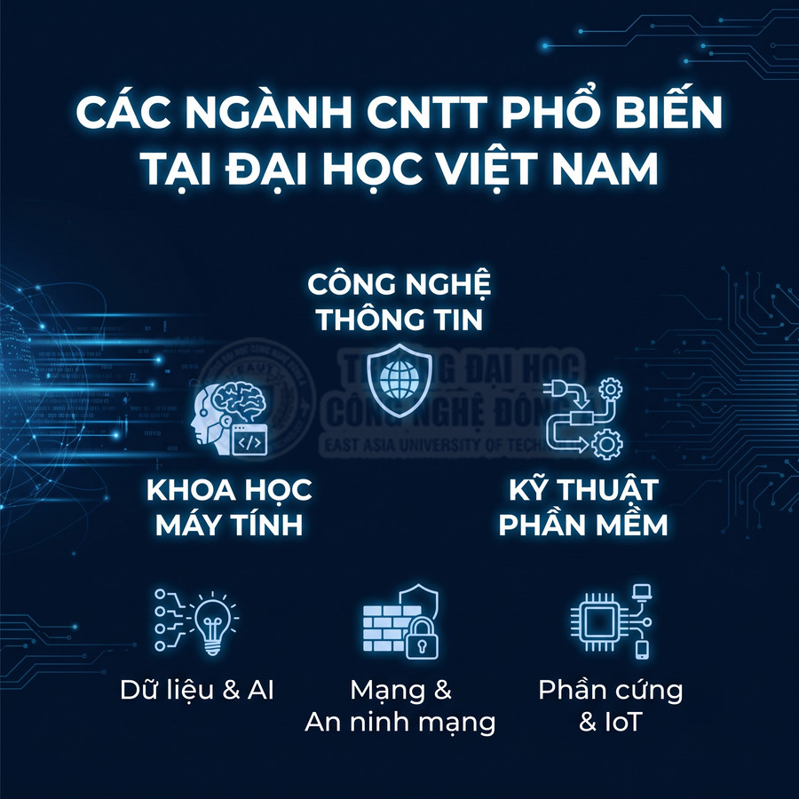 Các ngành học CNTT phổ biến tại đại học Việt Nam như CNTT, khoa học máy tính, kỹ thuật phần mềm, dữ liệu AI, an ninh mạng, IoT