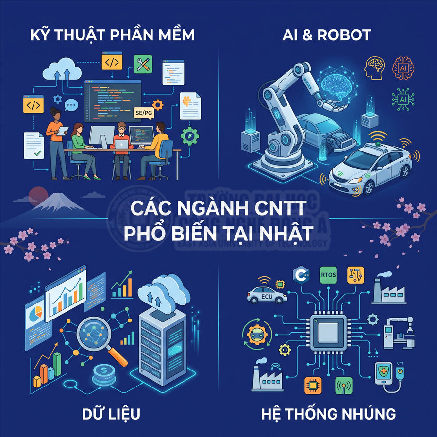 Các ngành CNTT phổ biến tại Nhật gồm kỹ thuật phần mềm, AI robot, dữ liệu và hệ thống nhúng minh họa trực quan