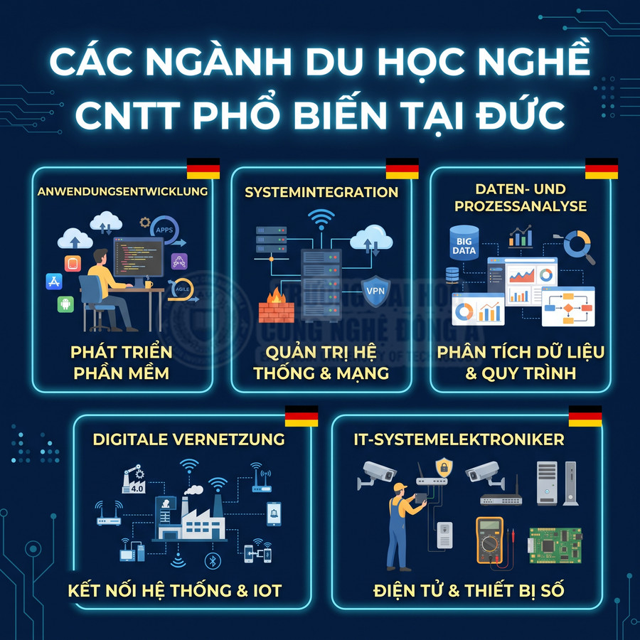 Các ngành du học nghề CNTT tại Đức gồm phát triển phần mềm, quản trị mạng, phân tích dữ liệu, IoT và điện tử số