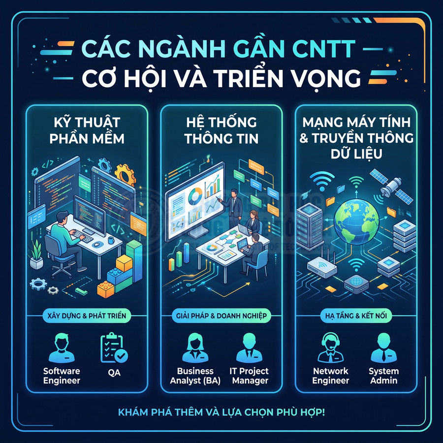 Các ngành gần CNTT gồm kỹ thuật phần mềm, hệ thống thông tin, mạng máy tính và truyền thông dữ liệu