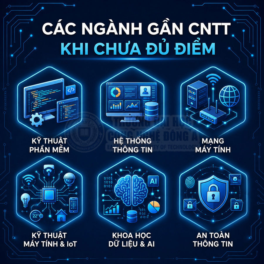 Các ngành gần công nghệ thông tin như phần mềm, hệ thống thông tin, mạng, IoT, khoa học dữ liệu và an toàn thông tin