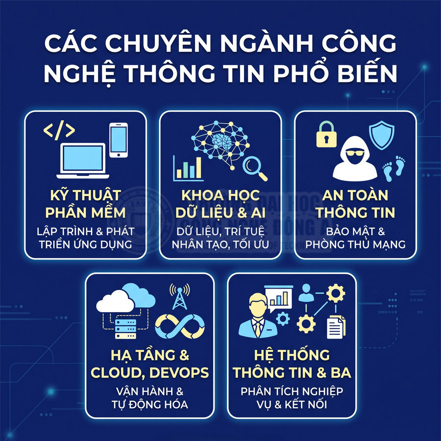 Các chuyên ngành công nghệ thông tin phổ biến như phần mềm, dữ liệu AI, an toàn thông tin, hạ tầng cloud, hệ thống thông tin