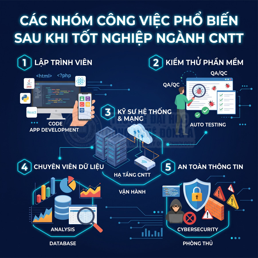 Các nhóm công việc phổ biến sau khi tốt nghiệp ngành CNTT như lập trình viên, kiểm thử, dữ liệu, mạng, an toàn thông tin