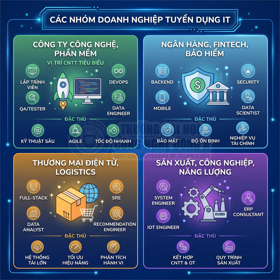 Các nhóm doanh nghiệp tuyển dụng IT và vị trí tiêu biểu trong công nghệ, tài chính, thương mại điện tử, sản xuất