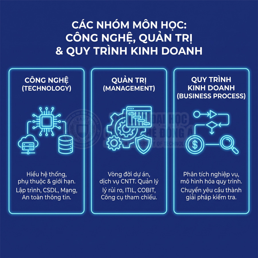 Các nhóm môn học về công nghệ, quản trị và quy trình kinh doanh với nội dung đào tạo chuyên ngành tương ứng.