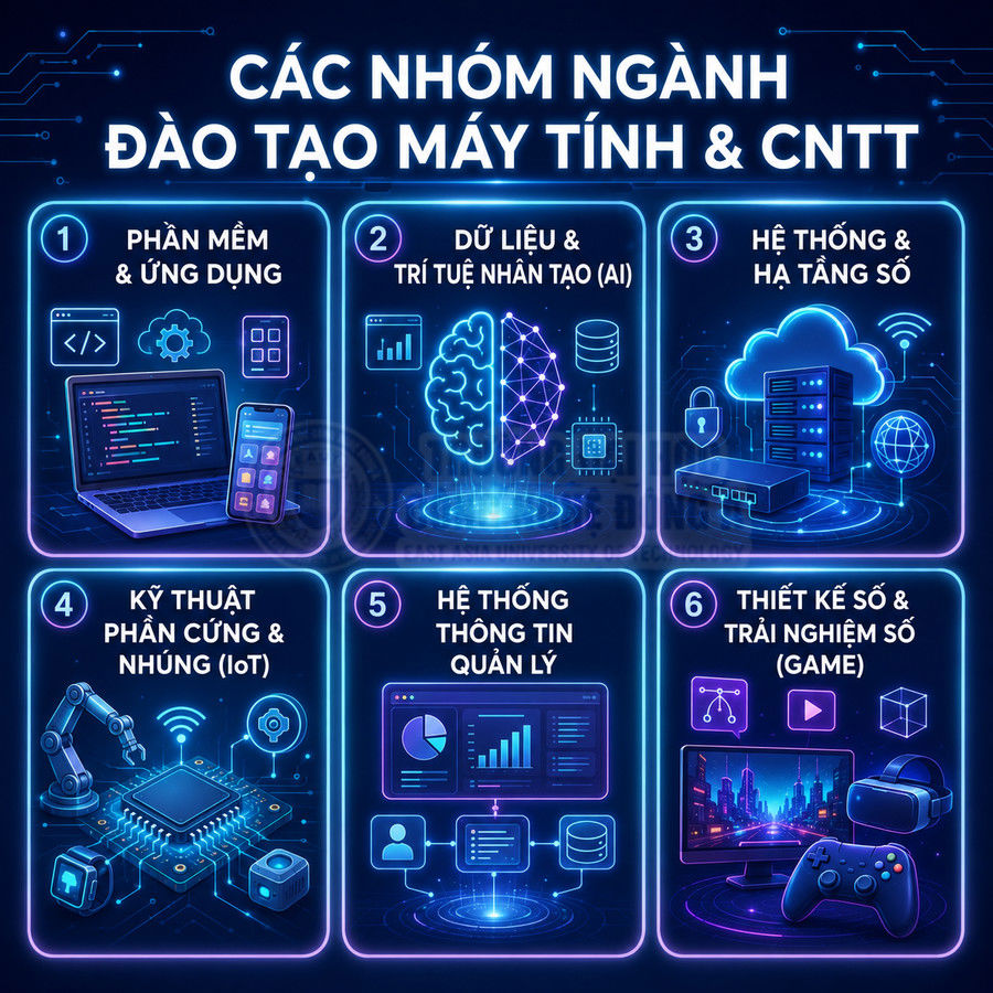 Các nhóm ngành đào tạo máy tính và CNTT với 6 lĩnh vực từ phần mềm, AI, hạ tầng số đến IoT, quản lý và thiết kế game