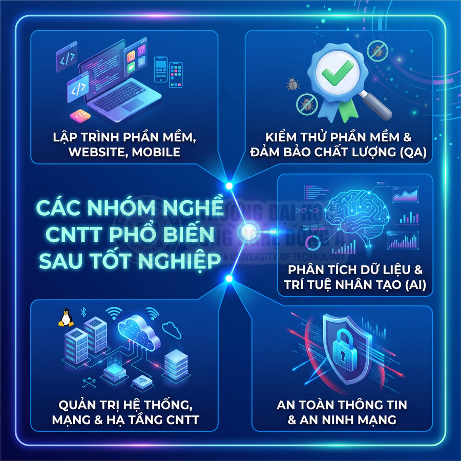 Các nhóm nghề CNTT phổ biến sau tốt nghiệp như lập trình, kiểm thử, phân tích dữ liệu, quản trị hệ thống, an ninh mạng