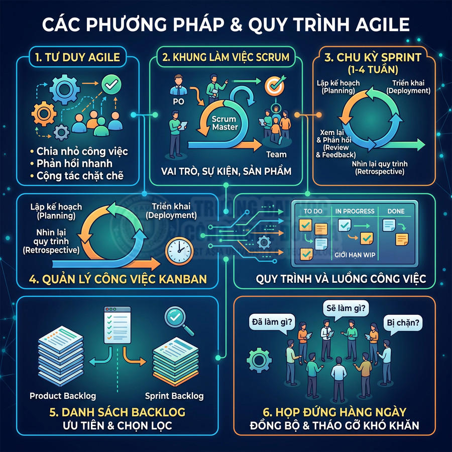 Infographic các phương pháp và quy trình Agile gồm tư duy Agile, Scrum, Sprint, Kanban, backlog và họp đứng hằng ngày