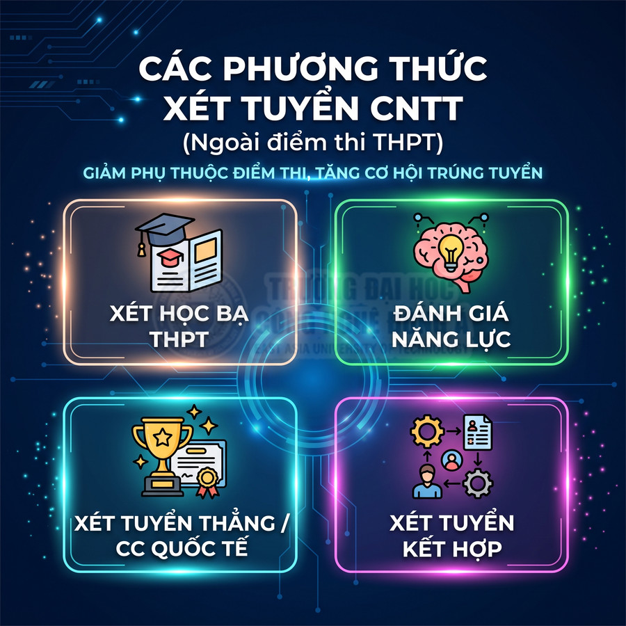 Các phương thức xét tuyển CNTT gồm xét học bạ, đánh giá năng lực, tuyển thẳng, xét tuyển kết hợp
