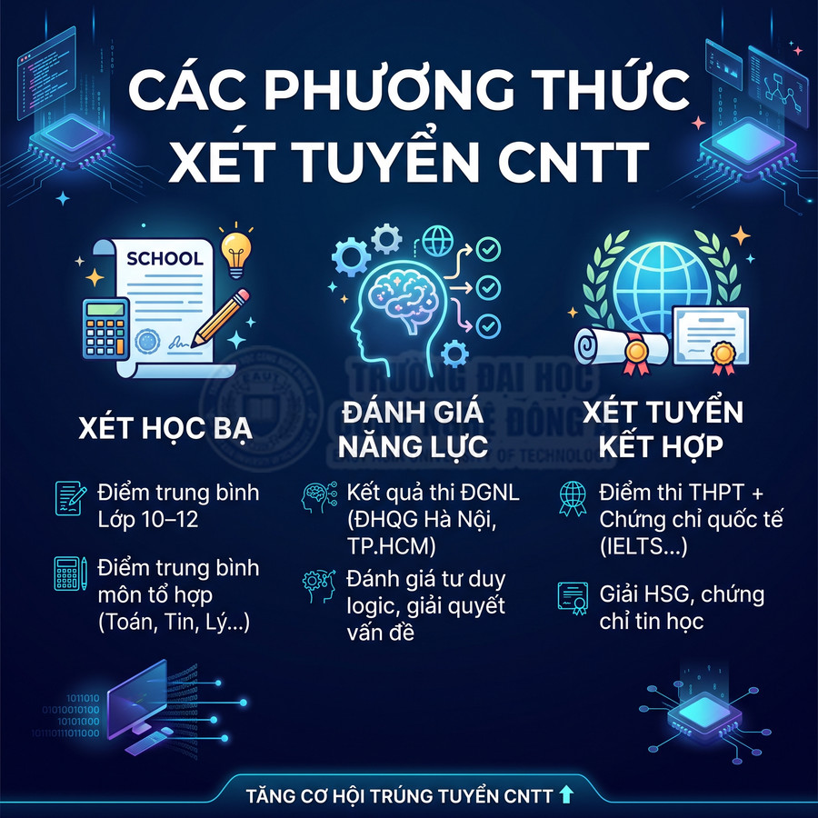 Các phương thức xét tuyển ngành CNTT gồm xét học bạ, đánh giá năng lực và xét tuyển kết hợp