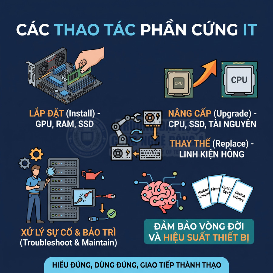Minh họa các thao tác phần cứng IT gồm lắp đặt, nâng cấp, thay thế linh kiện và bảo trì máy tính