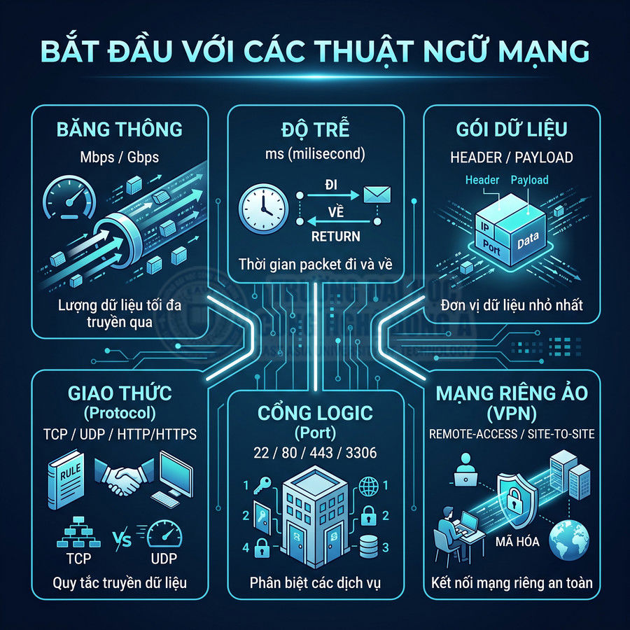 Hình minh họa các thuật ngữ mạng cơ bản như băng thông, độ trễ, gói dữ liệu, giao thức, cổng và VPN