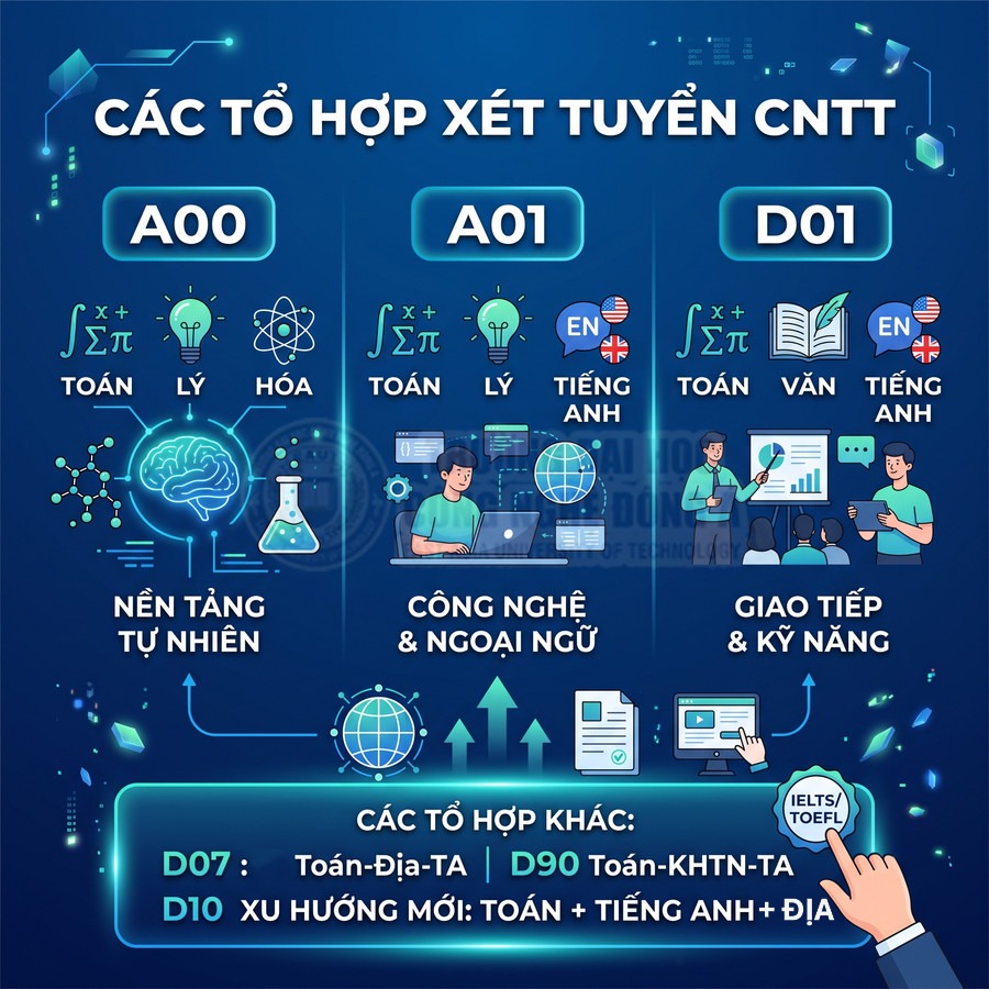 Các tổ hợp xét tuyển CNTT A00 A01 D01 và các tổ hợp khác D07 D90 D10 kèm môn thi chi tiết