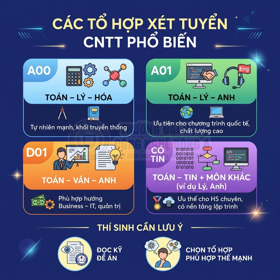 Các tổ hợp xét tuyển CNTT phổ biến A00 A01 D01 và Toán Tin minh họa bằng icon sinh động