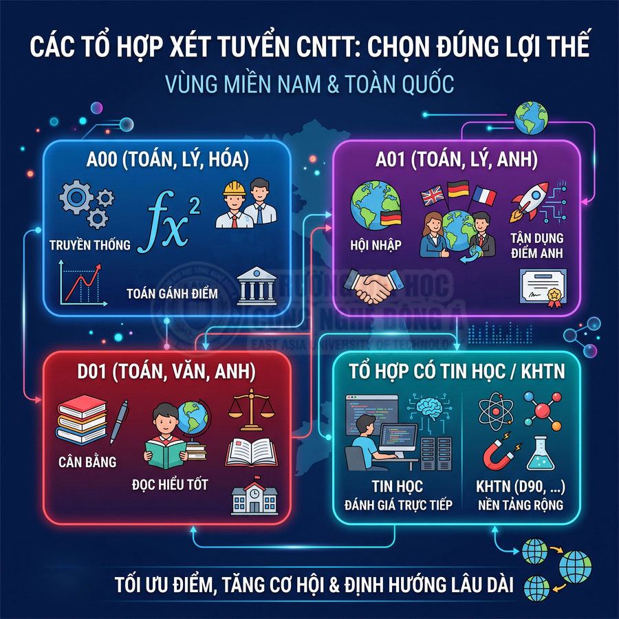 Infographic các tổ hợp xét tuyển CNTT A00 A01 D01 và tổ hợp có Tin học KHTN cùng lợi thế từng khối