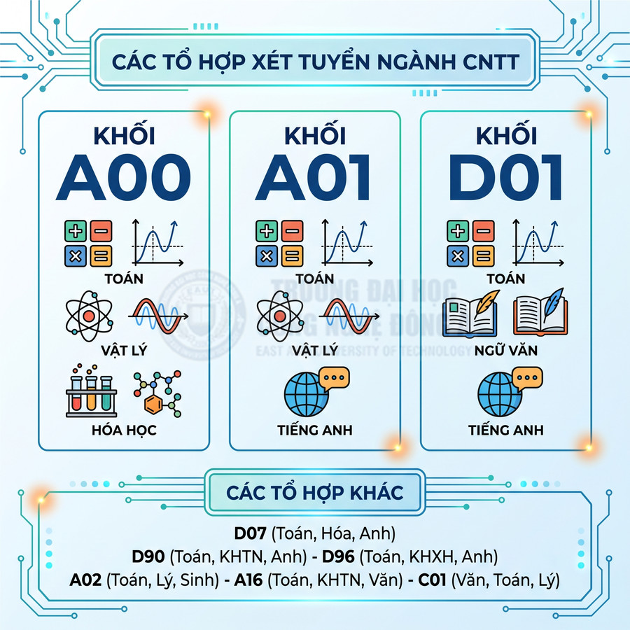 Các tổ hợp xét tuyển ngành CNTT gồm khối A00 A01 D01 và các tổ hợp D07 D90 D96 A02 A16 C01