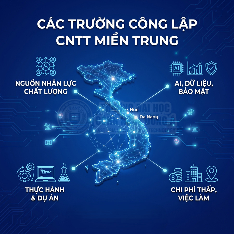Bản đồ Việt Nam với các lợi thế của trường công lập CNTT miền Trung về nhân lực, AI, thực hành và chi phí thấp