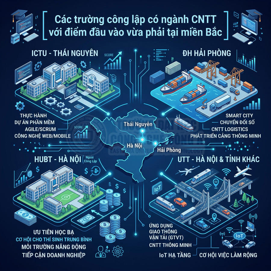Infographic giới thiệu các trường công lập ngành CNTT điểm đầu vào vừa phải tại miền Bắc Việt Nam