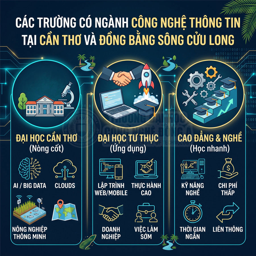 Các lựa chọn học ngành công nghệ thông tin tại Cần Thơ và Đồng bằng sông Cửu Long ở đại học và cao đẳng
