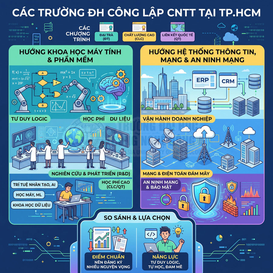 Infographic so sánh các ngành học công nghệ thông tin tại các trường đại học công lập TP HCM