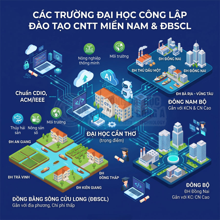 Các trường đại học công lập đào tạo công nghệ thông tin khu vực miền Nam và Đồng bằng sông Cửu Long