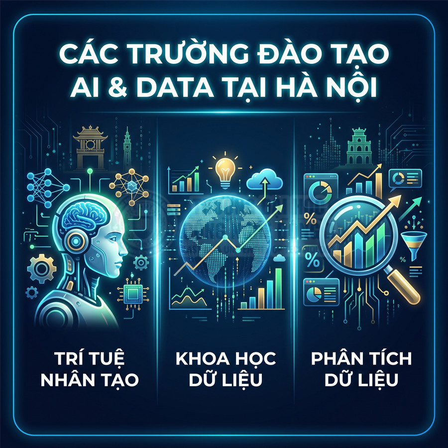 Banner giới thiệu các trường đào tạo AI và Data tại Hà Nội với hình minh họa trí tuệ nhân tạo và phân tích dữ liệu