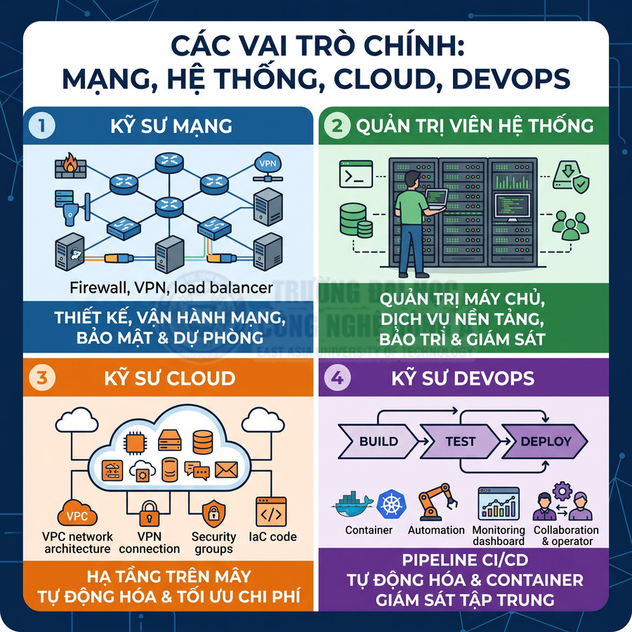 Infographic mô tả các vai trò kỹ sư mạng, quản trị hệ thống, kỹ sư cloud và DevOps trong IT