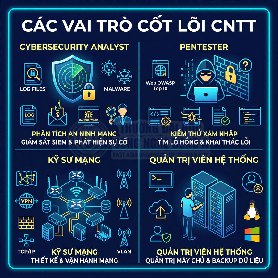 Các vai trò cốt lõi ngành CNTT gồm cybersecurity analyst, pentester, kỹ sư mạng và quản trị viên hệ thống