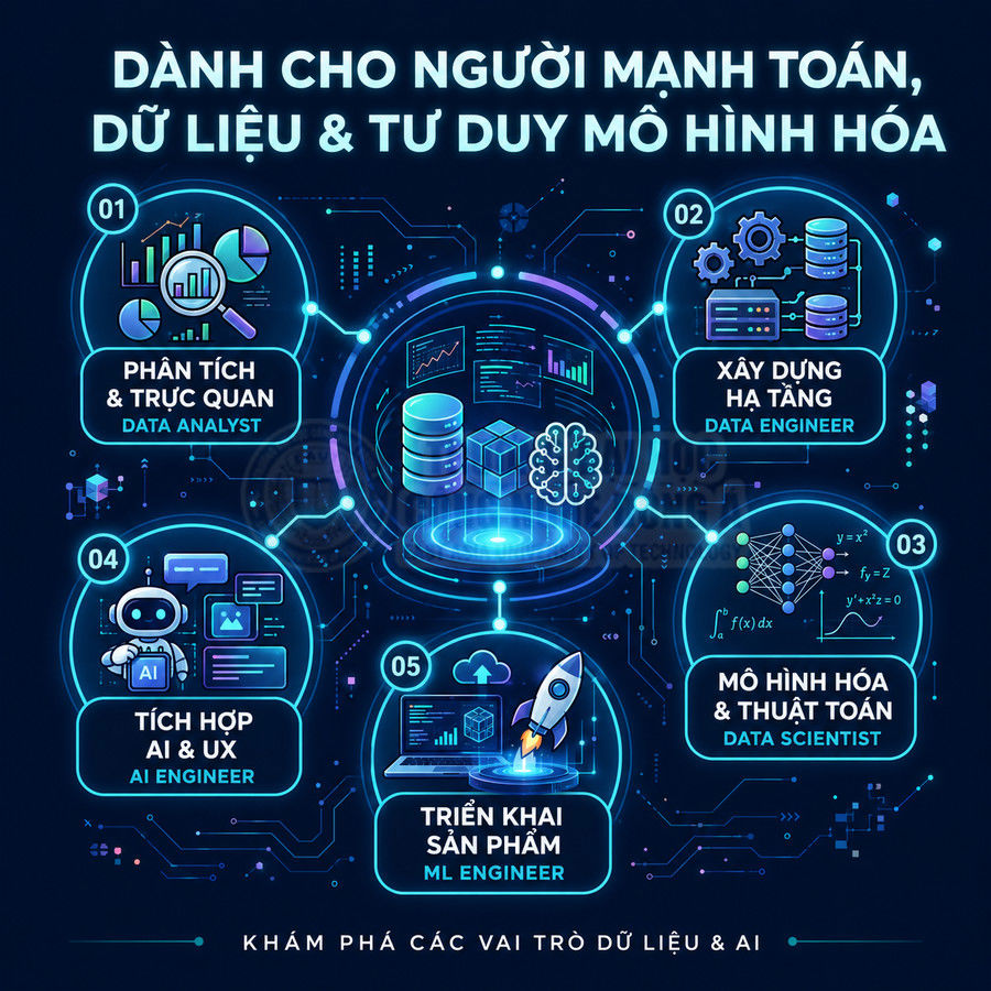 Infographic giới thiệu 5 vai trò trong lĩnh vực dữ liệu và AI gồm Data Analyst, Data Engineer, Data Scientist, AI Engineer, ML Engineer
