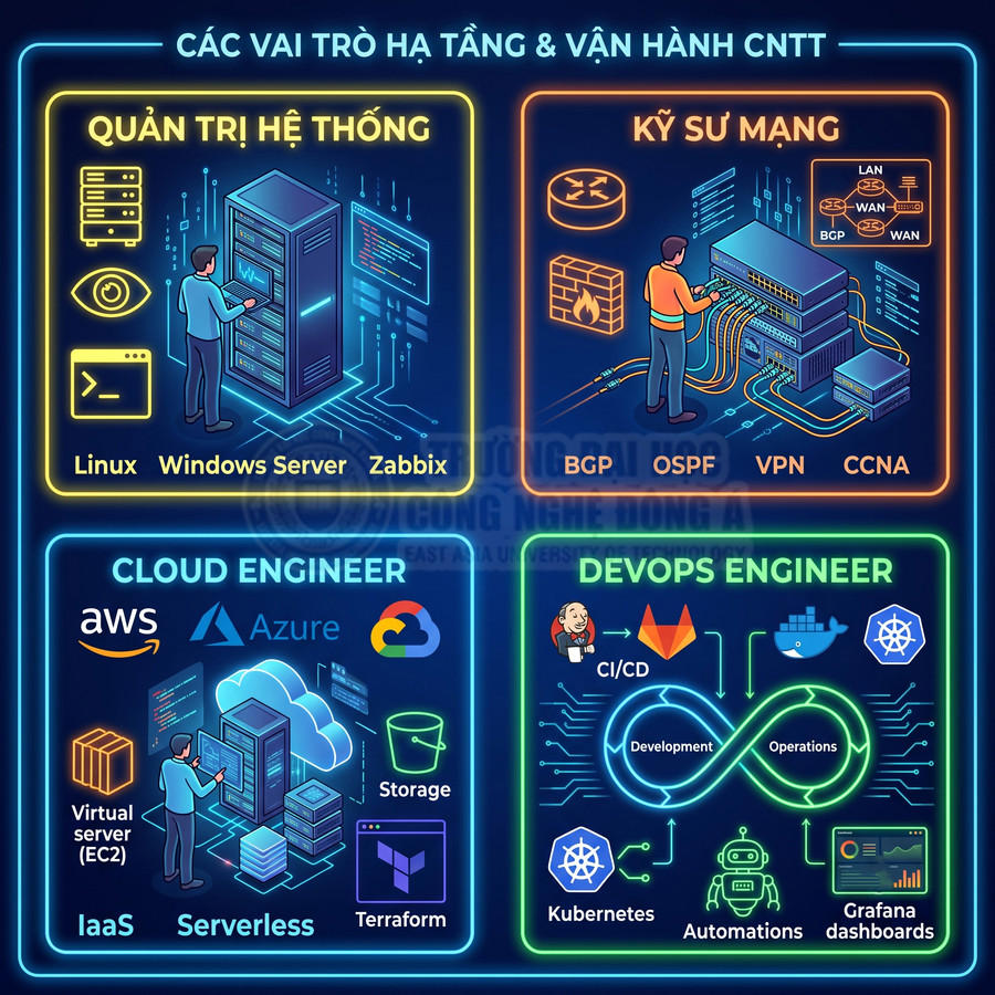 Minh họa các vai trò hạ tầng CNTT: quản trị hệ thống, kỹ sư mạng, cloud engineer và devops engineer