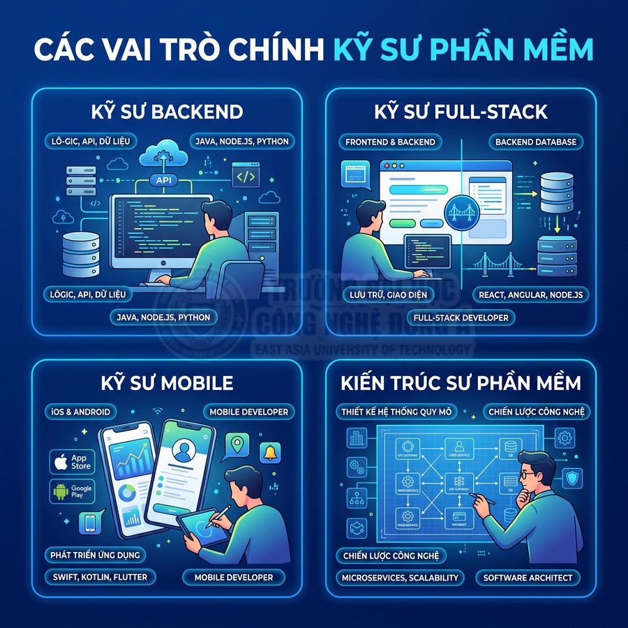Các vai trò chính của kỹ sư phần mềm gồm backend, full‑stack, mobile và kiến trúc sư phần mềm