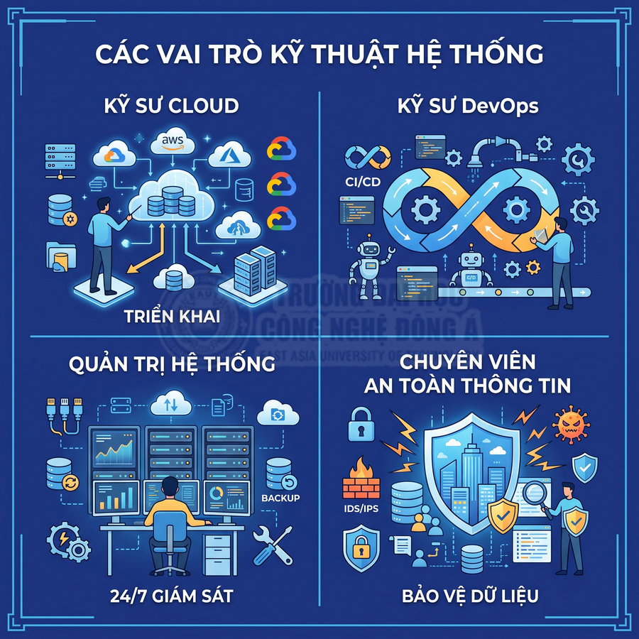 Các vai trò kỹ thuật hệ thống gồm kỹ sư cloud, DevOps, quản trị hệ thống và chuyên viên an toàn thông tin