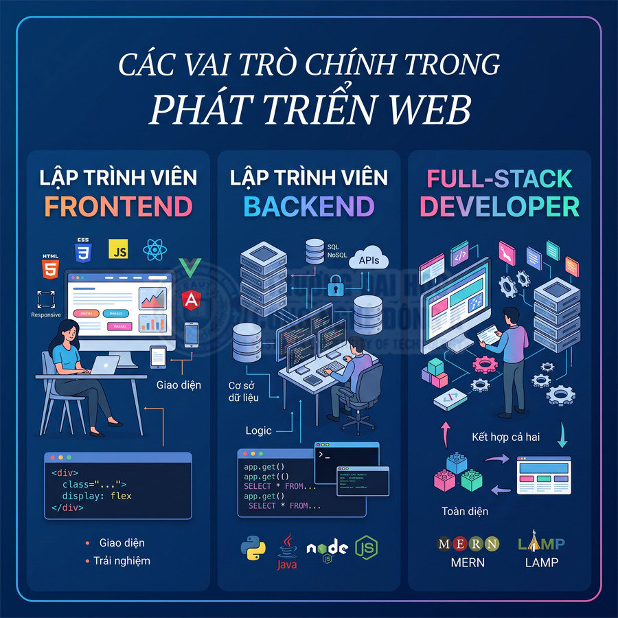 Minh họa so sánh vai trò lập trình viên frontend, backend và full stack trong phát triển web