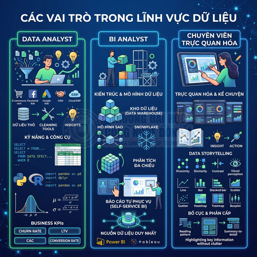 Infographic minh họa các vai trò Data Analyst, BI Analyst và chuyên viên trực quan hóa dữ liệu trong lĩnh vực dữ liệu