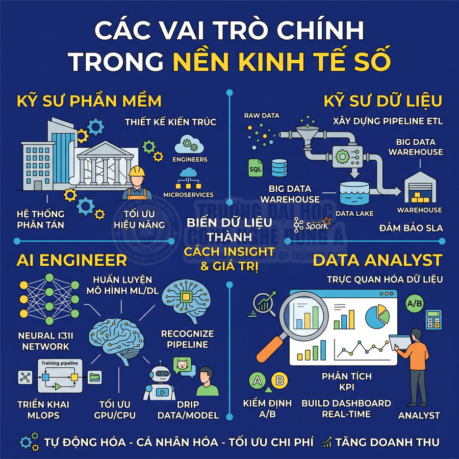 Infographic các vai trò kỹ sư phần mềm, kỹ sư dữ liệu, AI engineer, data analyst trong nền kinh tế số